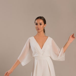 Wedding jumpsuit with long sleeves, Bridal jumpsuit v-neck and open back Saba image 3