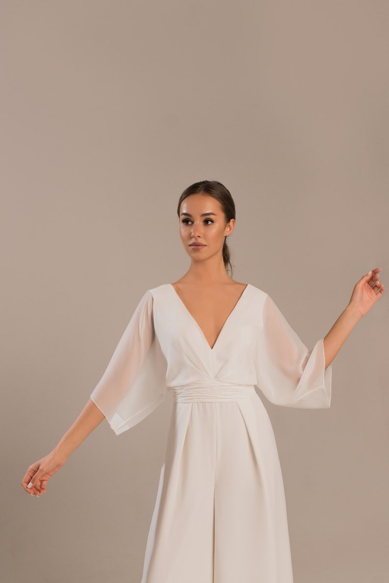 Wedding jumpsuit with long sleeves, Bridal jumpsuit v-neck and open back Saba image 3