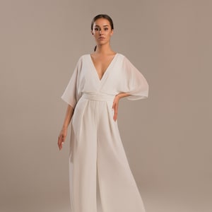 Wedding jumpsuit with long sleeves, Bridal jumpsuit v-neck and open back Saba image 4