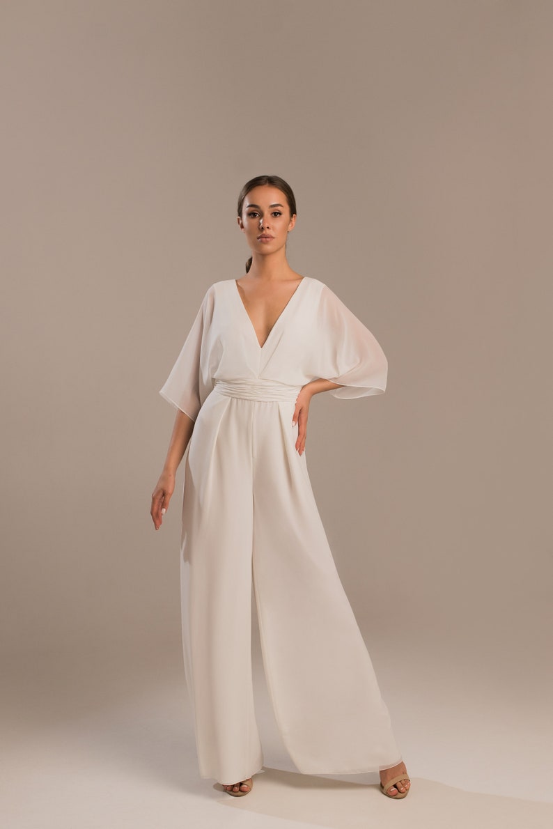 Wedding jumpsuit with long sleeves, Bridal jumpsuit v-neck and open back Saba image 4