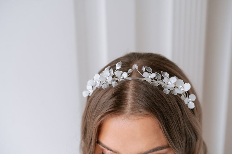 Floral bridal tiara, crystal flower wedding tiara with leaves, rustic hair accessories, flower girl headband, white floral tiara image 1