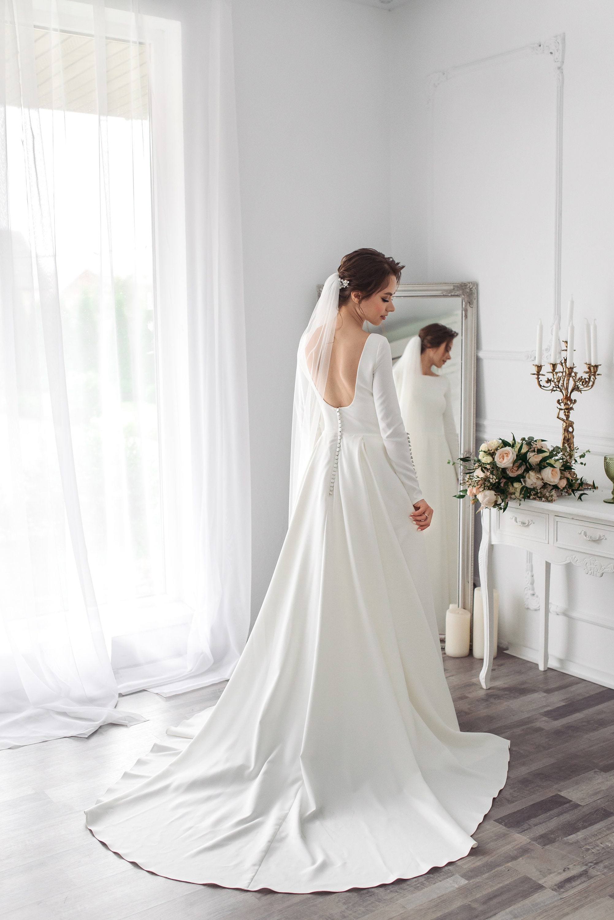 Minimalist Crepe Wedding Dress Backless Long Sleeve Wedding Etsy Canada