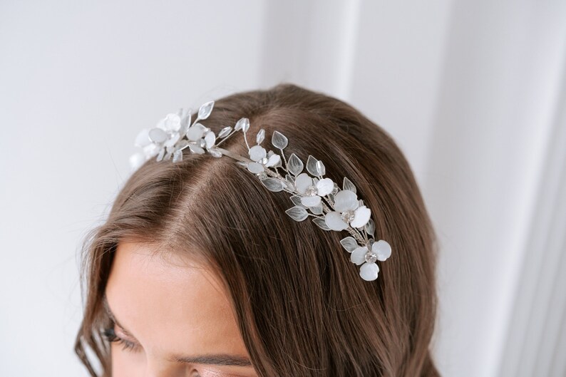 Floral bridal tiara, crystal flower wedding tiara with leaves, rustic hair accessories, flower girl headband, white floral tiara image 5