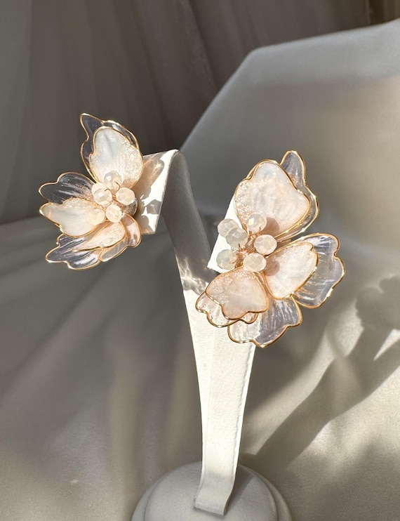 Gold Floral Earrings, Resin Flower Earrings, Wedding Statement
