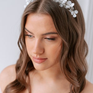Floral bridal tiara, crystal flower wedding tiara with leaves, rustic hair accessories, flower girl headband, white floral tiara image 2