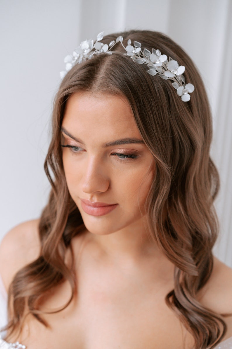 Floral bridal tiara, crystal flower wedding tiara with leaves, rustic hair accessories, flower girl headband, white floral tiara image 2