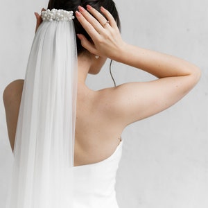 Puede incluir: Peinado de novia con un adorno para el cabello adornado con perlas y un velo blanco transparente. La novia lleva un vestido blanco. La imagen est&aacute; tomada desde atr&aacute;s, mostrando la parte posterior de la cabeza y los hombros de la novia.