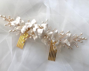 Hair comb, gold hair comb. Flower hair comb, bridal floral comb, wedding hair jewelry, bridal hair piece white G116