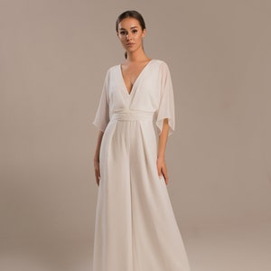 Wedding jumpsuit with long sleeves, Bridal jumpsuit v-neck and open back Saba image 2