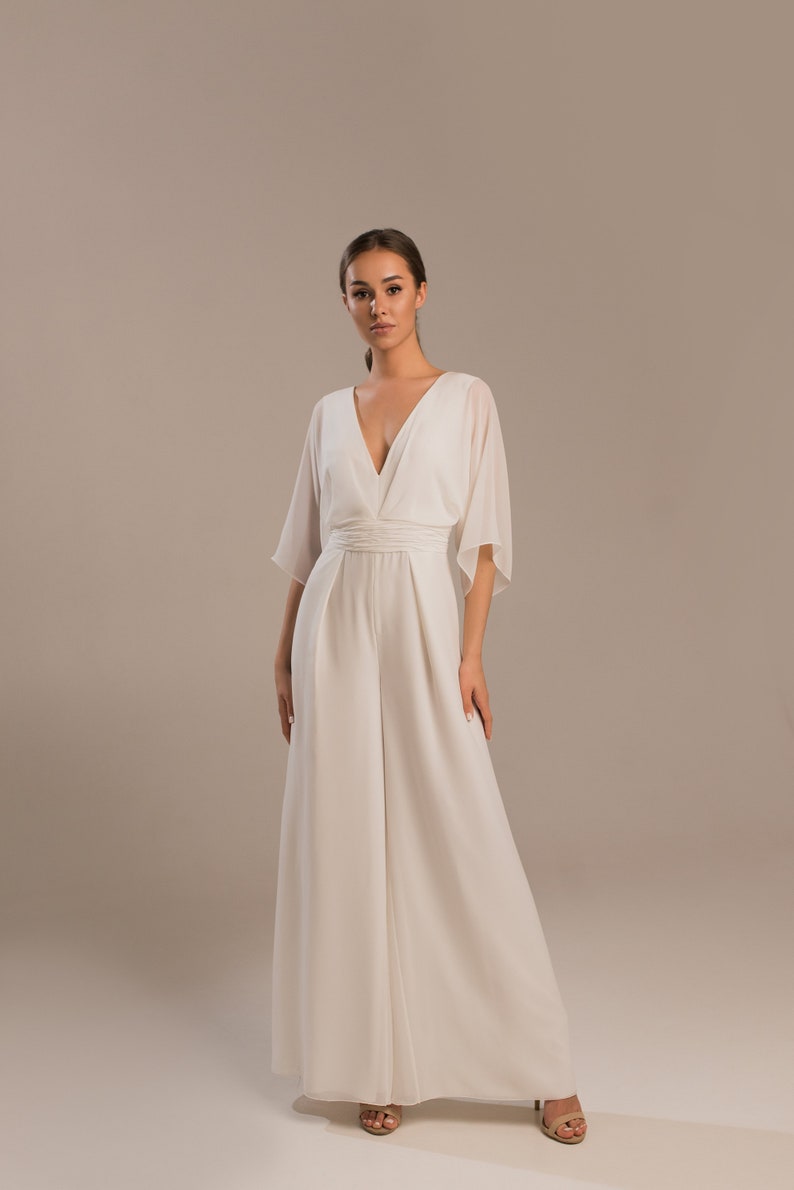 Wedding jumpsuit with long sleeves, Bridal jumpsuit v-neck and open back Saba image 2