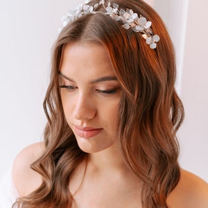 Floral bridal tiara, crystal flower wedding tiara with leaves, rustic hair accessories, flower girl headband, white floral tiara image 8