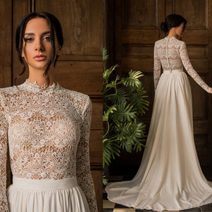 Long sleeve boho wedding dress, unique wedding gown with lace and chiffon FABIANA
