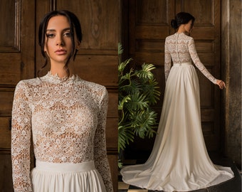 Long sleeve boho wedding dress, unique wedding gown with lace and chiffon FABIANA