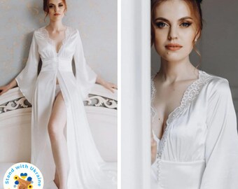 Bridal Silk Long Robe, Bride Photo Shoot, Bridesmaid Gift, Boudoir Gown, Long Sleeves Robe Plus size bride to be gift robe Alsas