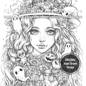 以下が含まれることがあります： 花冠をかぶった魔女が、手にカボチャを持っている白黒の線画イラスト。魔女は花、カボチャ、幽霊に囲まれている。画像の右下には「ORIGINAL Hand Drawn Design」の文字がある。
