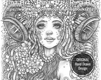 May include: Detailed black and white illustration of a woman with elaborate headwear, horns, and floral accents. The image includes the text "Rina Art" and "Original Hand Drawn Design". The woman has long hair and a detailed necklace.