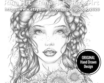 Flora | Coloring Page | Printable Adult Colouring Pages Book | Download Grayscale Illustration JPG, PDF