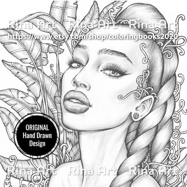 Jungle queen | Coloring Page | Printable Adult Colouring Pages Book | Download Grayscale Illustration JPG, PDF