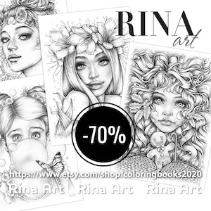 以下が含まれることがあります： 複雑なディテールが施された女性の白黒イラストが4つあります。イラストは塗り絵用です。画像の下部に「Rina Art」というテキストがあります。画像の下部に「https://www.etsy.com/shop/coloringbooks2020」というテキストがあります。画像の中央に円の中に「-70%」というテキストがあります。