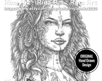 Robot | Coloring Page | Printable Adult Colouring Pages Book | Download Grayscale Illustration JPG, PDF