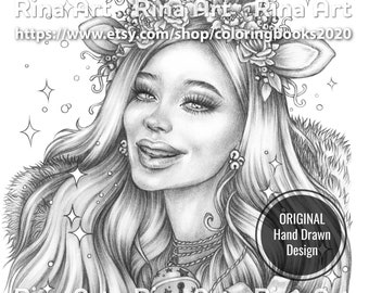 May include: A black and white pencil drawing of a woman with antlers and a festive garland. She is wearing a fur-trimmed coat and holding a gift box with a bow. The drawing is titled "Rina Art" and includes the website address "https://www.etsy.com/shop/coloringbooks2020".