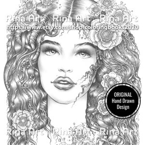 May include: A black and white line drawing of a woman with long, flowing hair adorned with flowers. The woman's face is detailed with intricate lines and shading, and her eyes are closed. The flowers are also drawn with intricate detail, and they are arranged around the woman's head like a crown.