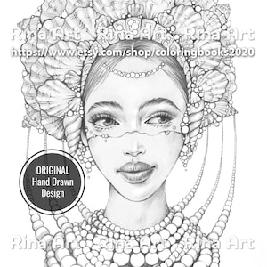 Sea princess | Coloring Page | Printable Adult Colouring Pages Book | Download Grayscale Illustration JPG, PDF