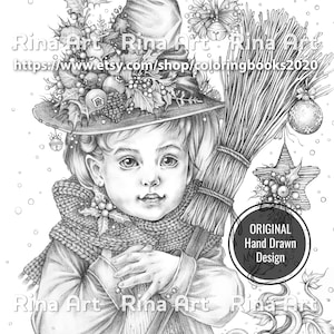 以下が含まれることがあります： ホーリーとベリーで飾られた魔女の帽子をかぶった若い女の子の白黒のイラスト。彼女はほうきを持っており、顔には優しい表情をしています。画像は「Rina Art」というタイトルで、ウェブサイトのアドレス「https://www.etsy.com/shop/coloringbooks2020」が含まれています。