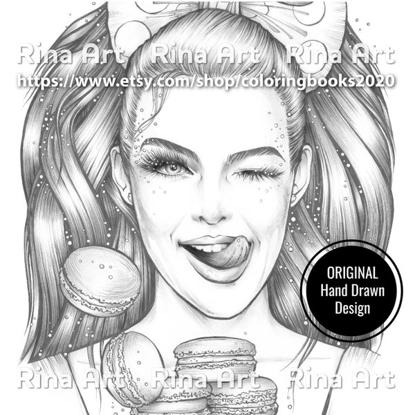 Macaroons | Coloring Page | Printable Adult Colouring Pages Book | Download Grayscale Illustration JPG, PDF