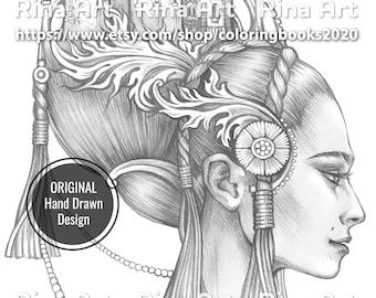 May include: A black and white line drawing of a woman's face with a detailed, intricate hairstyle. The woman's hair is styled in a high bun with a crown of leaves and a small flower. The woman's face is in profile, and she has a delicate, feminine look.