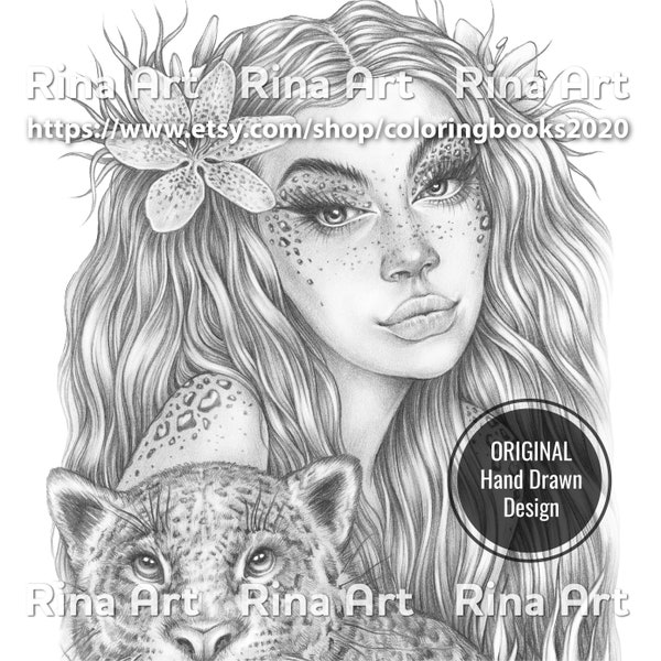 Leopard Flower | Coloring Page | Printable Adult Colouring Pages Book | Download Grayscale Illustration JPG, PDF