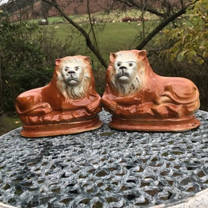 Antique Staffordshire Lions: Mantle Decor, Glass Eyes, C1890 Pair