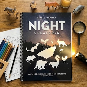 May include: A science handbook for K-6 students titled "NIGHT CREATURES" with illustrations of nocturnal animals. The cover is black with white silhouettes of animals. A lit candle, toy animals, and a magnifying glass are also present.