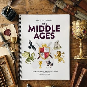 May include: A textbook titled "The Middle Ages" with illustrations of a dragon, castle, and knight. Medieval items such as a sword, chalice, and quill surround the book on a wooden surface.