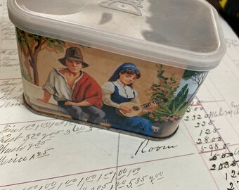 Vintage Swiss Mocha Cafe ‘92, General Foods International Foods Coffee Tin - two paintings, small rectangle tin with plastic lid