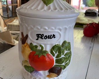 Vintage Retro Flour Canister Container White With Vegetables Produce