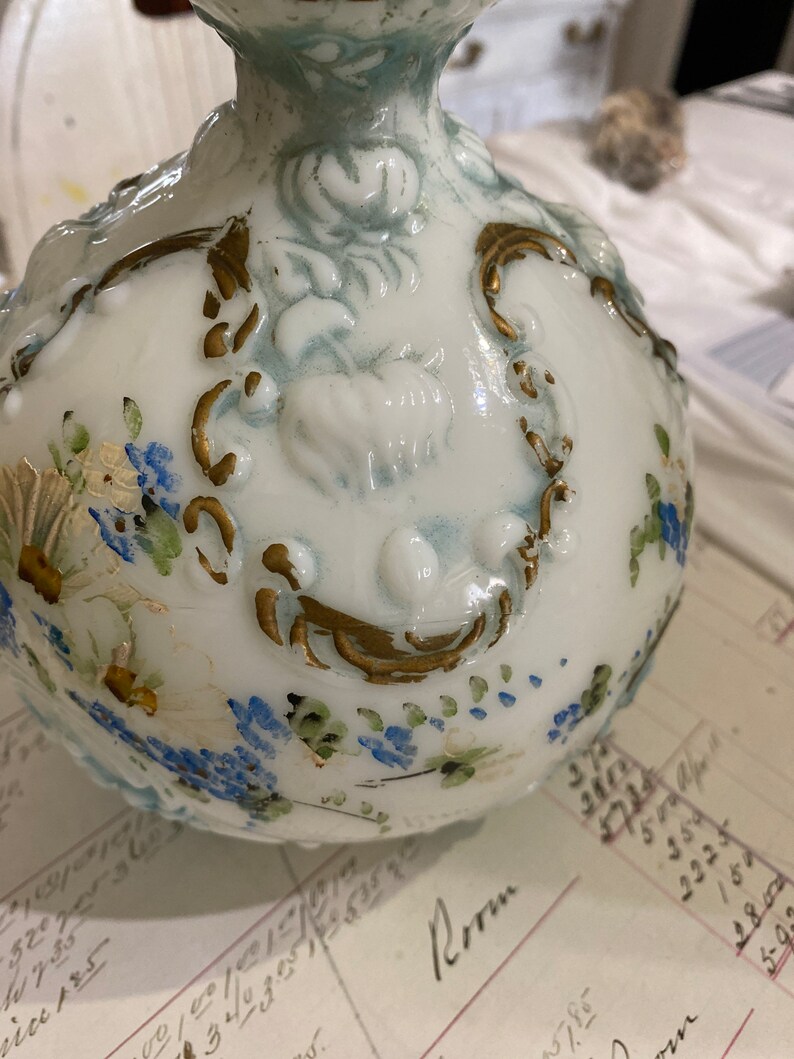 Antique Hand Painted Milk Glass Decanter Etsy