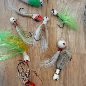 9 Vintage Fishing Lures Weighted Metal Feathered Tackle Antique