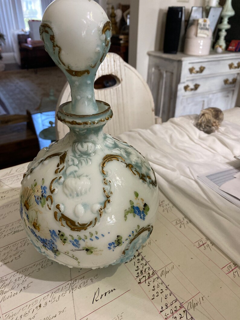 Antique Hand Painted Milk Glass Decanter Etsy