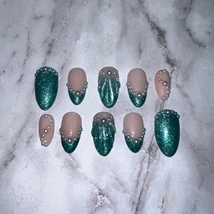 Aquamarine Nails|Hand Made Press On Nails| Summer Vacation Nails|Summer Nails|Shell Nails|French Tip| Press Ons|
