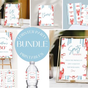 May include: A collection of lobster-themed party printables. The designs feature red lobsters, starfish, and nautical elements on white backgrounds with blue accents. Includes signs for gifts, drinks, and a birthday party, along with water bottle labels.