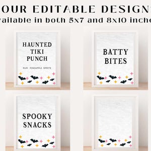 May include: Four framed Halloween-themed designs with text including "Haunted Tiki Punch" and "Batty Bites". Each design features bats, stars, and is available in 5x7 and 8x10 inches.