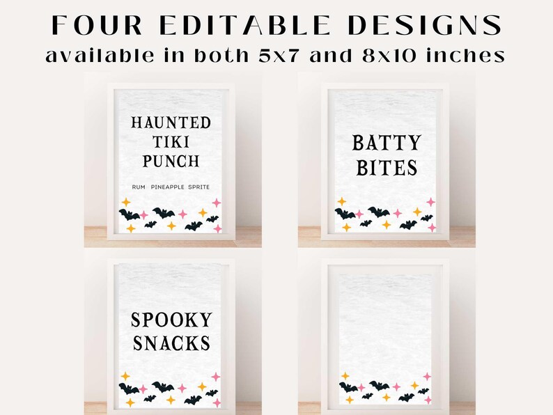 May include: Four framed Halloween-themed designs with text including "Haunted Tiki Punch" and "Batty Bites". Each design features bats, stars, and is available in 5x7 and 8x10 inches.