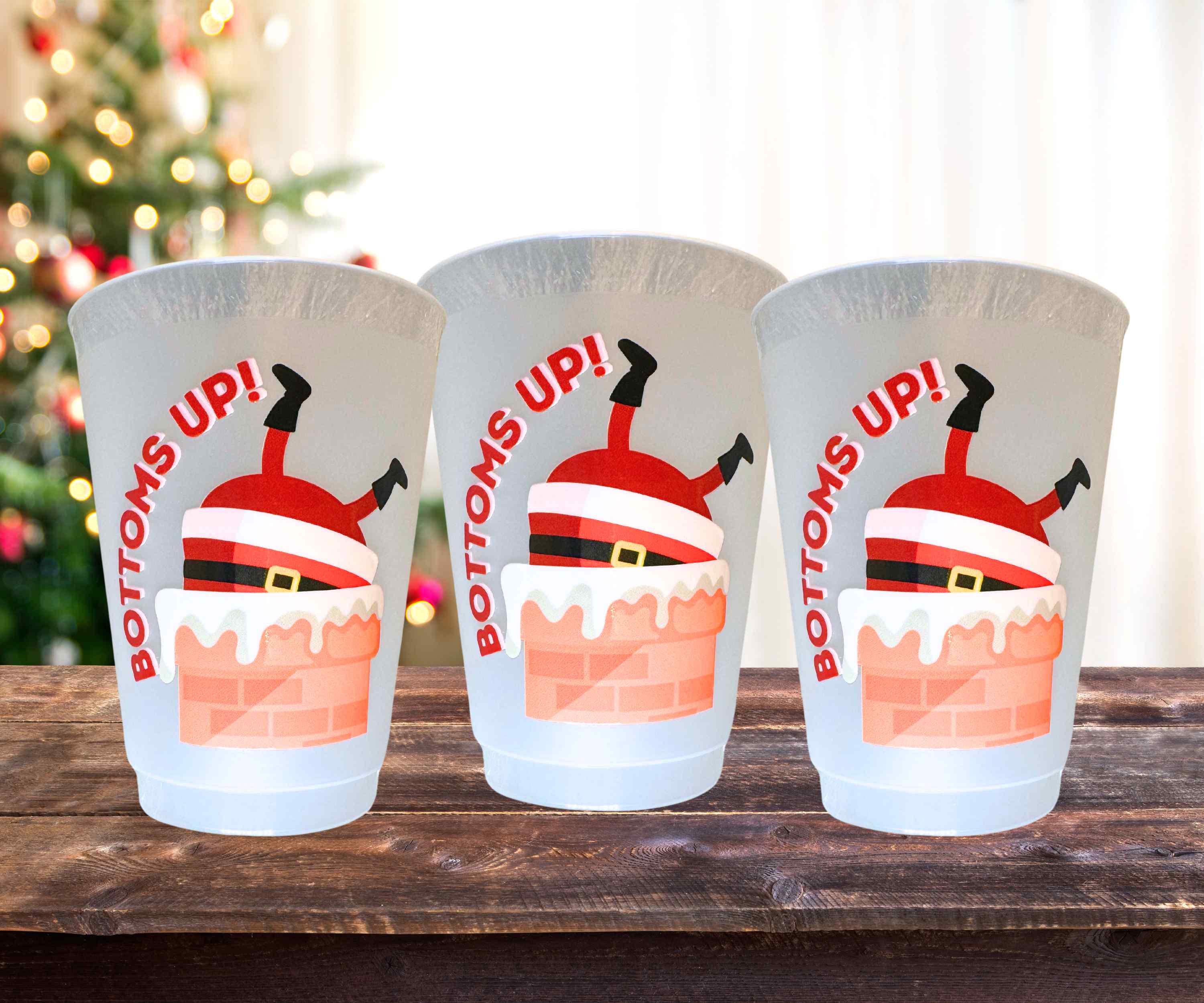 Bottoms Up Santa Frosted Plastic Christmas Party Cups