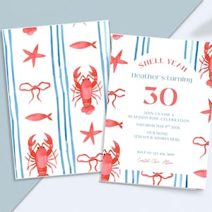 May include: Watercolor invitation with a nautical theme. The invitation features a lobster, starfish, and fish design in red and blue. The text reads "SHELL YEAH" and announces a seafood boil celebration.