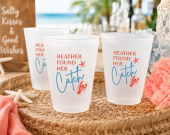 Bridal Shower Lobster Theme, 16oz Frosted Plastic Cups, Coastal Party, She Found Her Catch Personalized Cups