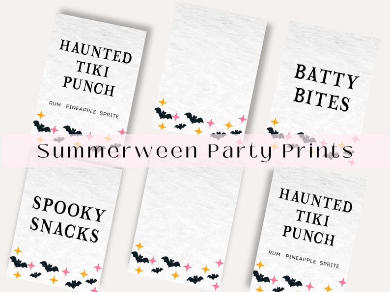 May include: Six white rectangular party printables with Halloween-themed text and graphics. The prints feature phrases like "Haunted Tiki Punch" and "Batty Bites", with bat and star illustrations. The text "Summerween Party Prints" is also present.
