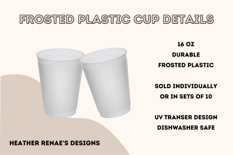 May include: Two frosted plastic cups, each holding 16 oz. The cups are durable and dishwasher safe, with a UV transfer design. The text on the image says "Frosted Plastic Cup Details".