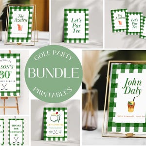 Puede incluir: Letreros de fiesta de golf imprimibles en vichy verde y blanco con el texto "Let's Par Tee", "The Azalea", "John Daly", "Bienvenido a la fiesta de cumpleaños de Jason de 30 años", y "Gracias por pasar".