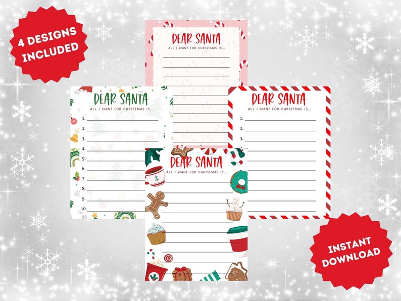 Santa Wish Lists, Letters to Santa, Christmas Gift Wish List, Printable ...